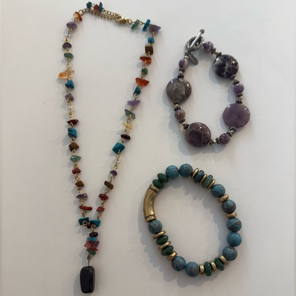 Boho Stone Jewelry Bundle Necklace & Bracelets Multicolor Gemstone Look - Picture 5 of 5